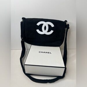 Chanel Makeup Bag crossbody purse velour flap CC black white terry precision